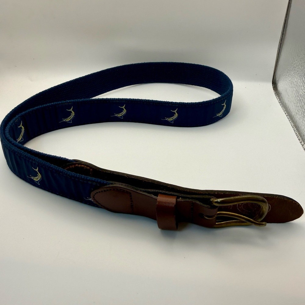 Leather Man Men’s Navy Canvas Belt Size 40 Embroidered Marlin Fish Leather Trim